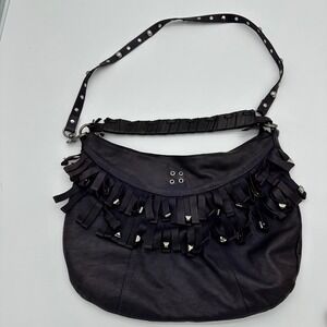 Carla Mancini Purple Leather Studded Fringe Hobo Shoulder Bag Silver Hardware